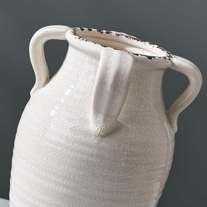 White Ceramic Vase with 4 Handles, 10.16" Tall Retro Ice Cracked Flower Vase, Antique Vases for Modern Farmhouse Home Decor, Wedding, Living Room, Table, Shelf Decor, Cracked White