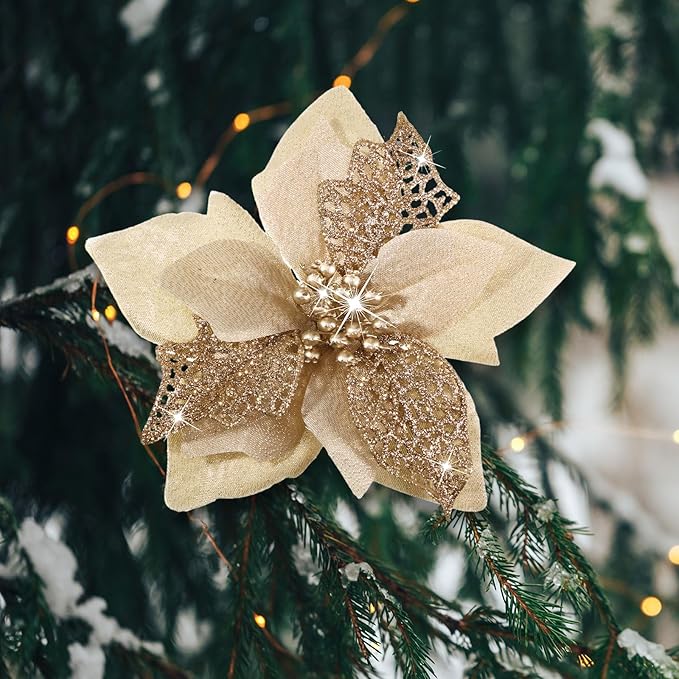 WILLBOND 36 Pieces Christmas Poinsettia Glitter Faux Flowers Christmas Artificial Flowers Tree Ornaments Topper Xmas Decorations(Champagne)