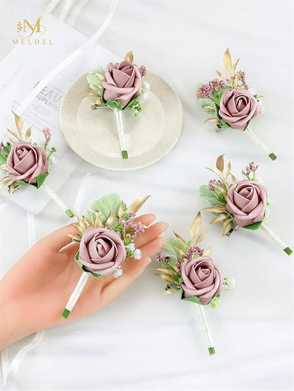 Meldel Dusty Rose Pink Boutonniere for Men Wedding, Set of 6, Groom Groomsman Boutonniere, Mens Boutonnieres for Wedding Prom Ceremony Anniversary Party Homecoming