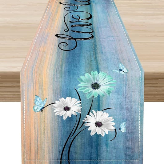 Daisy Table Runner, Vintage Blue Style Wild Flower Table Decor for Home Kitchen Dining Patio Holiday Party Indoor Outdoor Table Decorations 13x108 inch