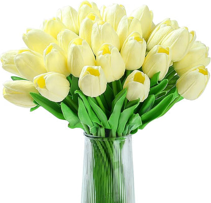 20pcs White Tulips Artificial Flowers Fake Silk Tulips Real Touch Flowers for Spring Kitchen Wedding Home Decor Arrangements Easter Decor 14 Inch