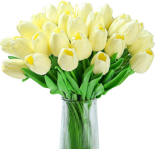 20pcs White Tulips Artificial Flowers Fake Silk Tulips Real Touch Flowers for Spring Kitchen Wedding Home Decor Arrangements Easter Decor 14 Inch