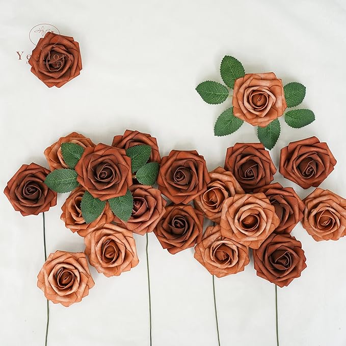 Artificial Flowers, 50pcs Artificial Rose for DIY Wedding Bouquets Centerpieces Arrangements, Shades of Terracotta Foam Roses with Stem for Bridal Shower Party Home Decorations