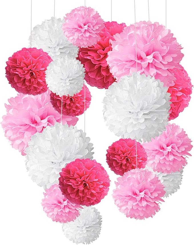 Tissue Paper Pom Poms, Recosis Paper Flower Ball for Birthday Party Wedding Baby Shower Bridal Shower Festival Decorations, 18 Pcs - Rose Red, Pink and White