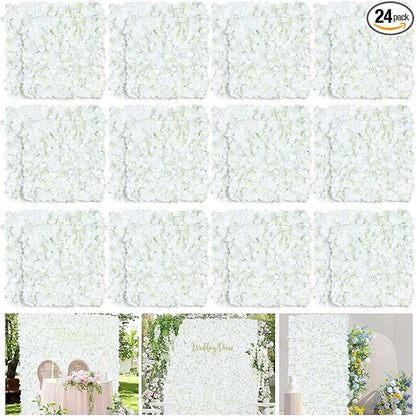 White Flower Wall Panels Backdrop with Green: Wedding Artificial Flower Wall Backdrop 5ft by 7.5ft Hydrangea Floral Wall for Wedding Anniversary Party Decoration (24 Pcs 15 x 15 Inch)