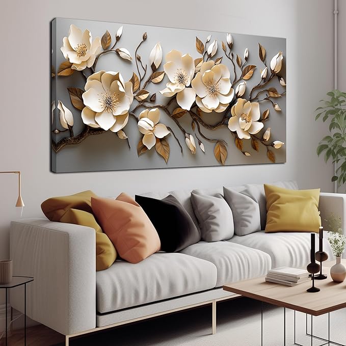 Flower Pictures Wall Art for Bedroom Modern Art Wall Decor for Bedroom White and Gold Canvas Print Wall Art Large Size 29 x 58 Inch