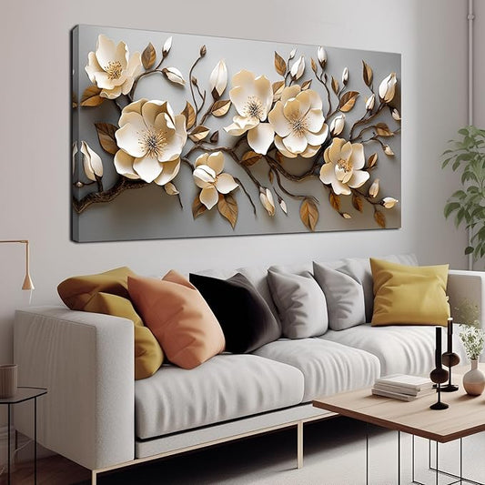 Flower Pictures Wall Art for Bedroom Modern Art Wall Decor for Bedroom White and Gold Canvas Print Wall Art Large Size 29 x 58 Inch