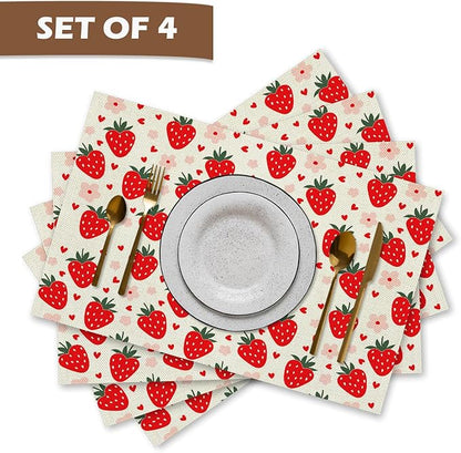 Red Cute Kids Fruit Strawberry Placemats Set of 4, Table Mats Place Mats for Kitchen Dining Table Decoration 16.9x11.4 Inch