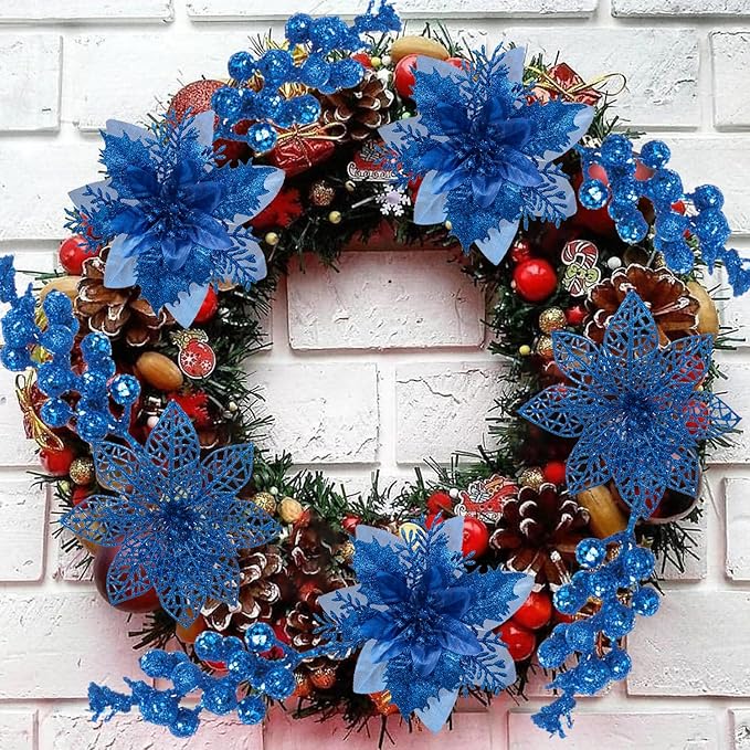 24Pcs Christmas Poinsettia Artificial Flowers and Glitter Berries Kit, 2 Styles Total 16Pcs Christmas Tree Flowers Ornaments, 8Pcs Christmas Tree Picks for Wedding Holiday Decorations, Baby Blue