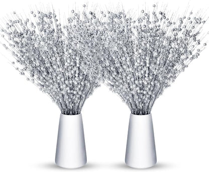 Geosar 30 Pcs Christmas Artificial Glitter Berry Stem Decorations 17 Inch Faux Stick Floral Pick Centerpiece Bouquet Flower Bead Twigs for Centerpiece Tree Wreath Xmas Ornaments Home(Silver)