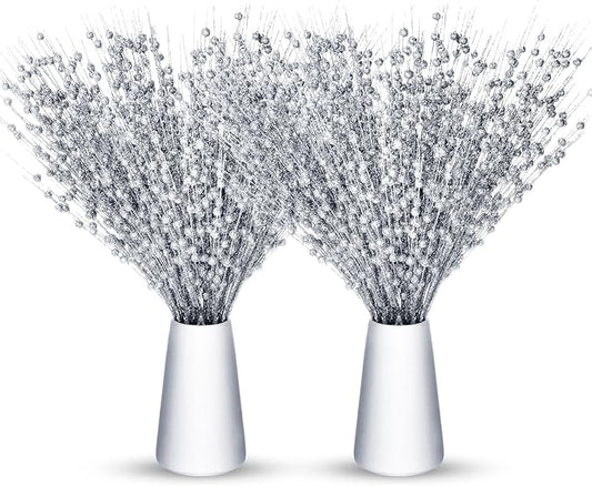 Geosar 30 Pcs Christmas Artificial Glitter Berry Stem Decorations 17 Inch Faux Stick Floral Pick Centerpiece Bouquet Flower Bead Twigs for Centerpiece Tree Wreath Xmas Ornaments Home(Silver)