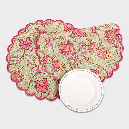 Ridhi Pistachio Green Hand Block Print Cotton15 Inch Round Set of 4 Reusable Washable PlaceMats Kitchen Dining Thanksgiving Halloween Christmas Weddings Everyday Use