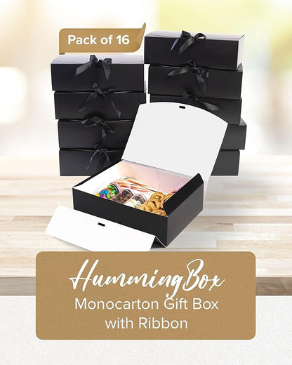 HummingBox Black Gift Box Set of 16 - Gift Boxes for Presents & gifting on weddings, birthdays & more - Easy to Assemble Black Gift Boxes With Lids & Ribbon Closure - Decorative Boxes With Lids