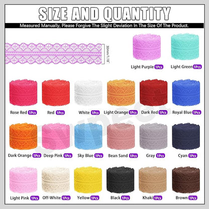 Swpeet 20 Rolls in Total 200 Yards 3cm×10 Yards Colorful Lace Ribbon Floral Pattern Fabric Bilateral Lace Ribbon, Vintage Lacing Trim Ribbons, Crafting Lacing for Decorating, Gift Wrapping, Wedding