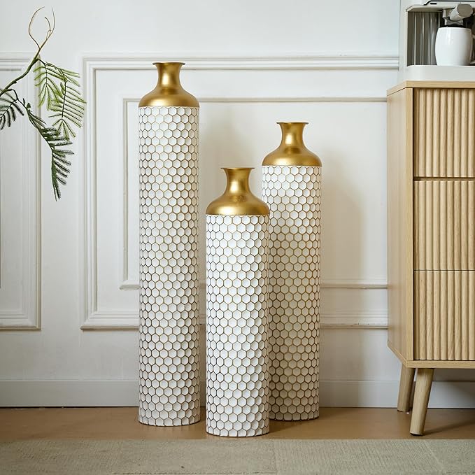 Floor Vases, Tall Home Decor Metal Vase Set of 3 Large Glazed Decorative Vases for Wedding Decor, Elegant Modern Flower Holder for Living Room, Entryway, Hallway, Dining Room