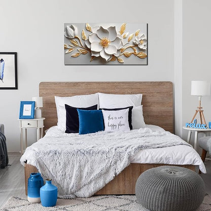 Canvas Wall Art for Living Room Bedroom Office White and Gold Flower Artwork Large Botanical Floral Wall Art Framed Wall Decor Modern Canvas Prints 20x40 In