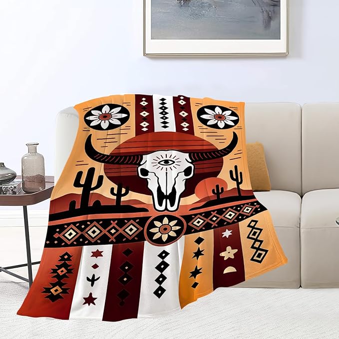 Western Boho Bull Skull Blanket Southwest Aztec Tribal Southwestern Navajo Throw Blanket Soft Cozy Fleece Fuzzy Stuffed Plush Flannel Gifts for Girls Women Boys Kids Adults 40''x50''