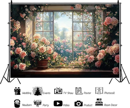 Baocicco 10x7ft Window Floral Backdrop Photography Flowers Wedding Bridal Shower Photography Background Retro Oil Painting Flower Banner for Girls Women Birthday Newborn Party Decorations Props