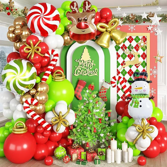 Christmas Balloons Decorations Red Green Gold White Balloon Garland Arch Kit with Snowman Reindeer Candy Cane Foil Mylar Balloon for Merry Christmas Xmas New Year Baby Shower Birthday Party Decoration