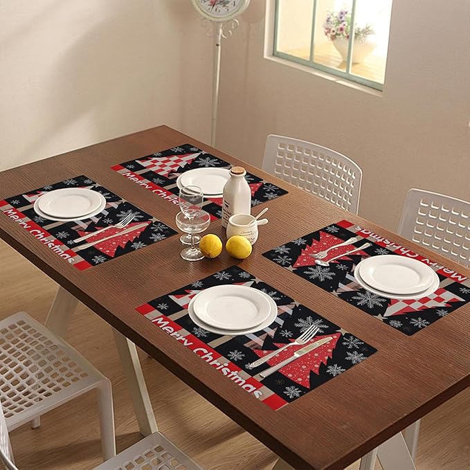 Merry Christmas Placemats Set of 4 Christmas Tree Snowflake Place Mats Washable Table Dinner Mats Linen Table Mats for Kitchen Dining Party Home Kitchen Decor 12x18 Inch