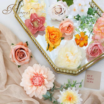 Floweroyal Artificial Flowers Combo Champagne Flowers Mix Silk Flowers Dahlia Roses with Stems for DIY Wedding Bridal Bouquets, Baby Shower, Floral Arrangement, Table Centerpieces, Home Decorations.