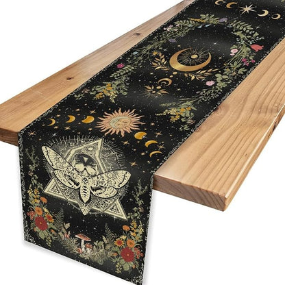 Gothic Moth Table Runner, Boho Gothic Sun Moon Phase Wildflower Mystical Witchy Farmhouse Coffee Table Center Decor for Home Kitchen Dining Patio Holiday Party Table Decorations 13x108 inches