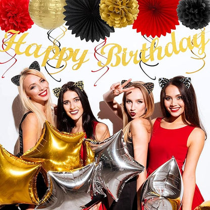 Red-Black Gold Casino-Theme Birthday Party-Decorations - 21pcs Happy Banner,Game Night Paper Lanterns,Tissue Pom Poms Flower Fan,Honeycomb Ball,Swirl Streamers Garland Supplies Women Men Decor Huglony
