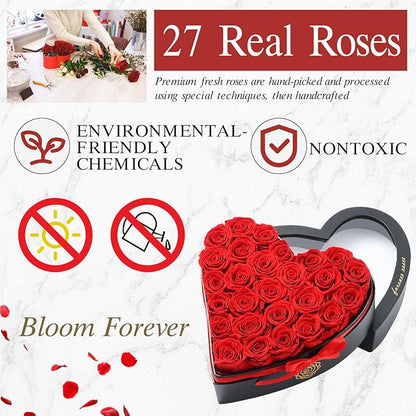27 Preserved Roses in Heart Shaped Box - Forever Flowers Romantic Gifts for Her, Valentine’s Day, Anniversary, Wedding (Red)