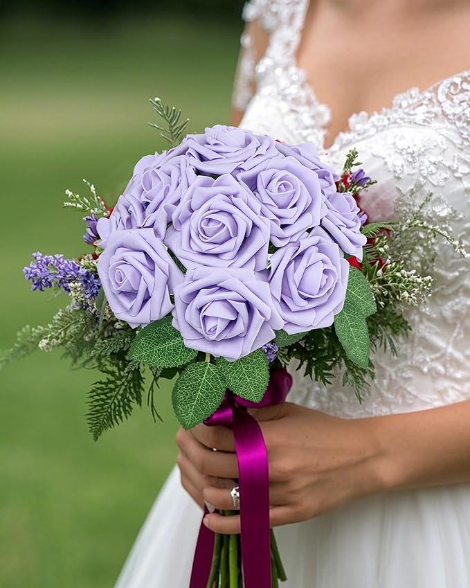 DuHouse 50Pcs Artificial Roses Flowers Fake Roses with Stems Real Touch Foam Flowers for DIY Wedding Bouquet Baby Shower Centerpiece Floral Arrangement Party Home Decor(Lilac)