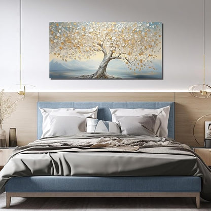 Large Tree Decor Art Bedroom Gold Canvas Wall Decor Light Blue Picture Wall Art for Living Room Office 29" x 59" White Artwork Poster