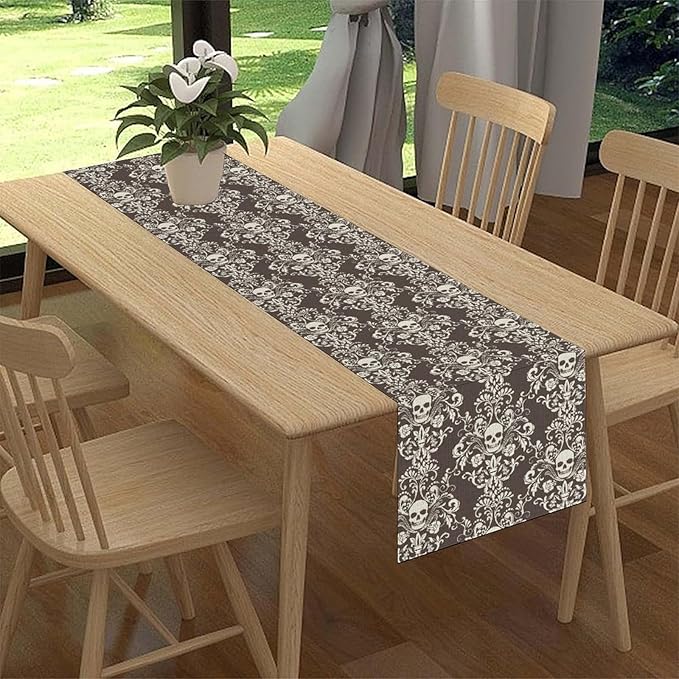 Vintage Gothic Table Runner, Retro Baroque Luxury Dark Skull Day of Death Witchy Coffee Table Center Decor for Home Kitchen Dining Patio Holiday Party Table Decorations 13x90 inches