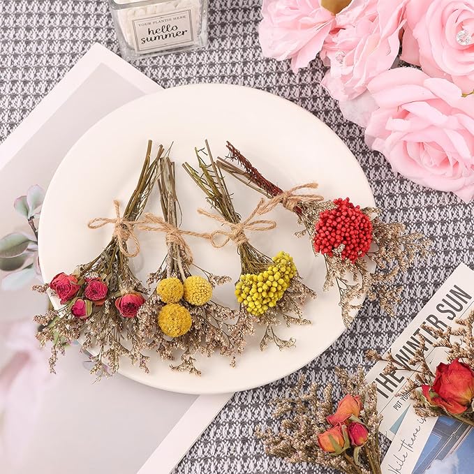 10 Pack Dried Flower Bouquets Natural Rose Billy Balls and Rice-Flower Combination Dried Embossing Flower Bundles with Stem Dried Floral Arrangement for Vase, DIY, Crafts, Wedding Party, Home Decor