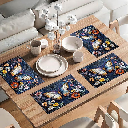 Colorful Butterfly Placemats Set of 6, Spring Place Mats, Florals Dining Table Mats, Rustic Washable Placemats for Kitchen Dining Room Home Decor 18L'' × 12W''