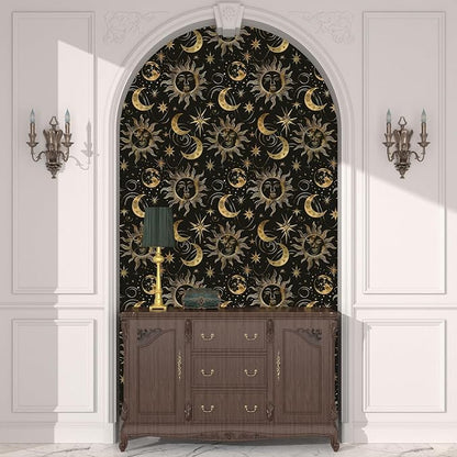 Black Peel and Stick Removable Vintage Wallpaper Gold Celestial Sun Moon Star Contact Paper 17.5" x 393" Dark Boho Mural Waterproof for Wall Bedroom Kitchen Bathroom Cabinet Room Decor