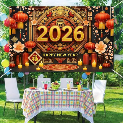 Chinese New Year Banner 71x43 Inch 2026 Spring Festival Wall Decoration with Red Lanterns and Plum Blossoms Lunar New Year Backdrop for Home Party Holiday Photo Background