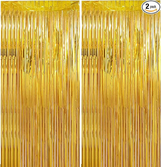2 Pack 3.28 ft x 6.56 ft Golden Tinsel Curtain Party Backdrop Decorations, Metallic Foil Fringe Backdrop Door for Halloween, Christmas, Birthday Graduat