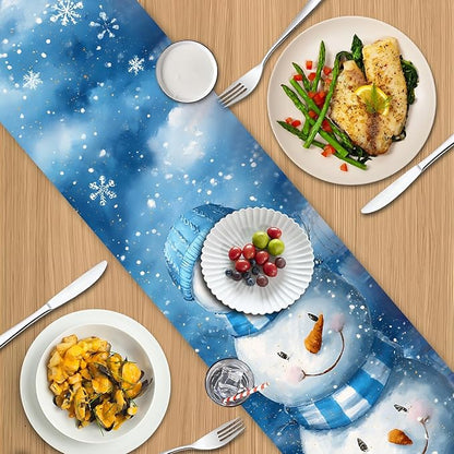 Christmas Snowman Table Runner for Dining Table, Winter Holiday Party Decor, Blue Snowflake Printed Long Tablecloth Runner for Kitchen, Christmas Dinner, Home Decoration, Holiday Table Setting