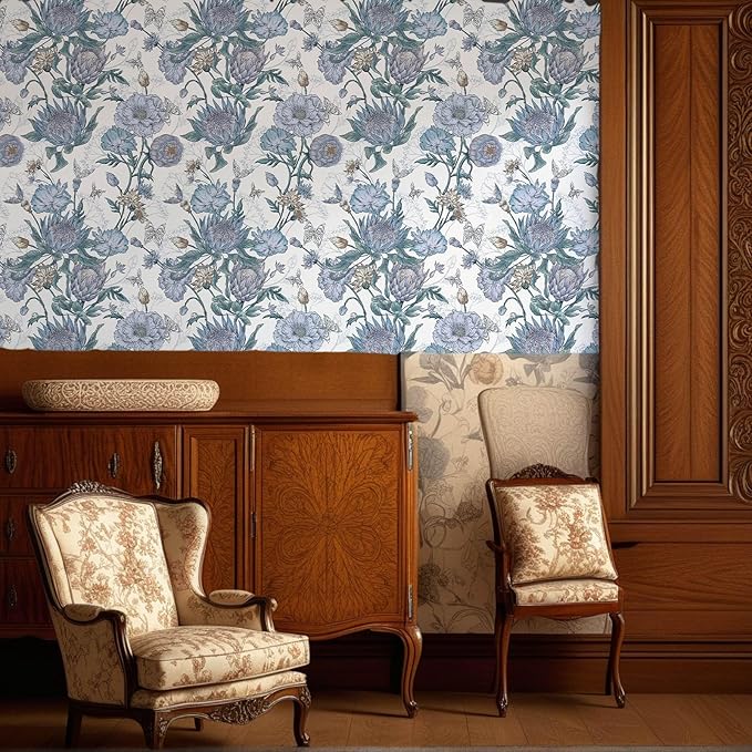 Floral Wallpaper Peel and Stick Floral Contact Paper Blue and Purple Wall Paper Removable Self Adhesive Vinyl Stick on Wallpaper for Bathroom Bedroom Decor 17.3in x 118in