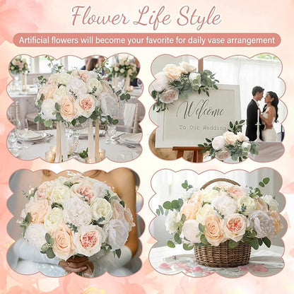 98 Pcs Assorted Faux Flowers Heads with Stem Eucalyptus Leaves Silk Artificial Flowers Bouquet Floral Table Centerpieces for DIY Wedding Party Wreath Home Decoration(Champagne,Stylish Style)