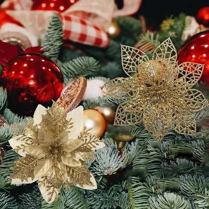 24Pcs Christmas Poinsettia Artificial Flowers and Glitter Berries Kit, 2 Styles Total 16Pcs Christmas Tree Flowers Ornaments, 8Pcs Christmas Tree Picks for Wedding Holiday Decorations, Gold