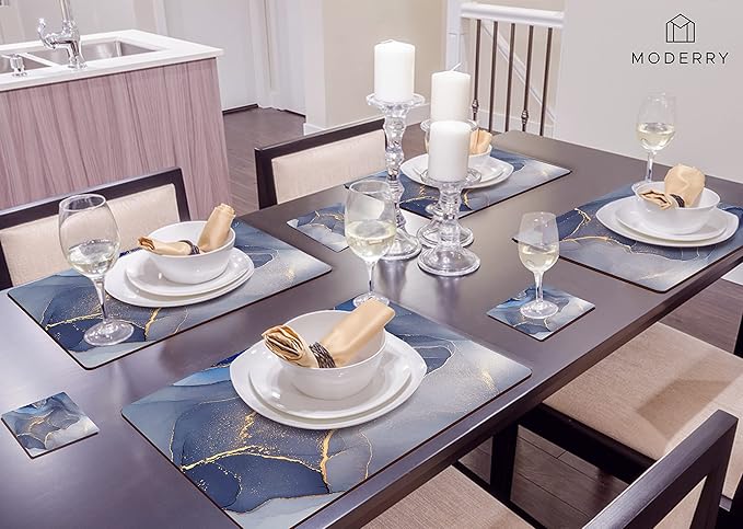 Set of 4 Heat Resistant Cork Placemats for Dining Table with Free Set of 4 Matching Drink Coasters Marble Design 16 x 12 Inches Cork Backed Hard Placemats (Blue & Gold)