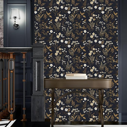 Dark Floral Wallpaper Peel and Stick 17.5in x 118in Navy Gold Leaf Wallpaper Vinyl Waterproof Self-Adhesive Boho Dark Blue Botanical Wall Paper Mural for Bookcase Bedroom Cabinet Decor