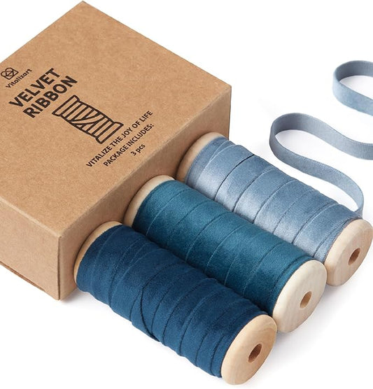 Vitalizart Blue Velvet Ribbon Set 3/8" x 15 Yd Fabric Trim Royal & Dusty Blue 3 Rolls * 5 Yd for Christmas Wreath Decoration Handmade Craft Ornaments Gift Wrapping & Bow Making