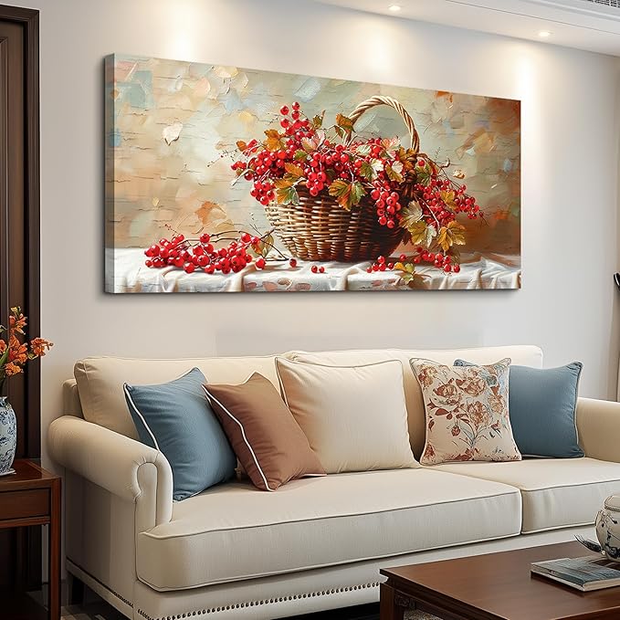 hyidecorart Rustic Dining Room Artwork For Walls Large Canvas Print Wall Art Still Life Bamboo Basket And Fruit Vintage Wall Decor Pictures For Living Room Farmhouse Kitchen Bar Office Posters 24x48