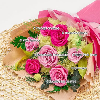 Forever Flowers Gifts for Her, Preserved Flowers Bouquet Birthday Gifts for Women, Preserved Roses for Grandma Wife Anniversary Valentine's Day Mother's Day (7Roses, Hot Pink)