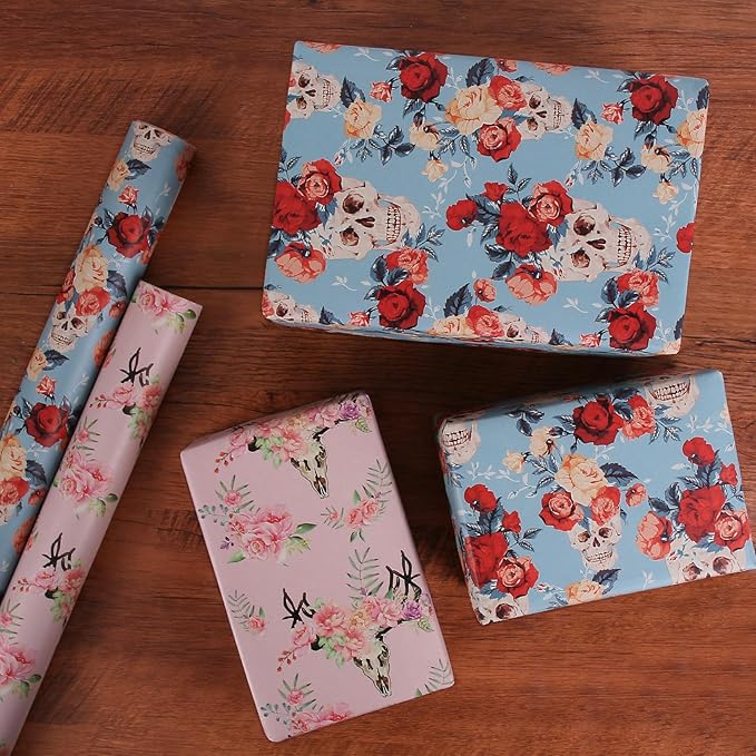 Aimyoo Pink Skull Floral Kraft Wrapping Paper Roll, All Occasion Flower Gift Wrap Paper for Birthday Wedding Bridal Shower 17 in x 10 ft