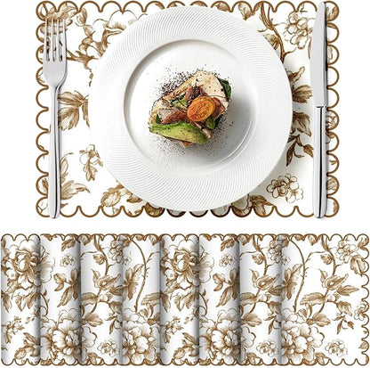 100 Pcs Brown Floral Paper Placemat Scalloped Disposable Chinoiserie Paper Table Placemats Brown Place Mats for Birthday Wedding Banquet Holiday Party