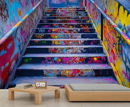 Graffiti Staircase Wall Mural, Urban Street Art 3D Wall Murals, Modern Hip-Hop Colorful Graffiti Steps Wallpaper Mural, for Living Room Bedroom Large Wallpaper Indoor Decor 177.16" W x120 H