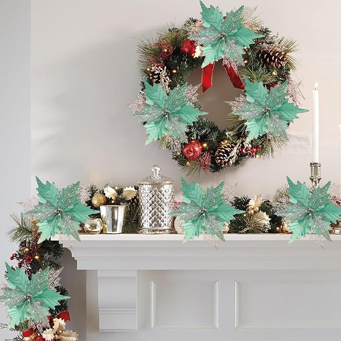 10'' Large Christmas Glitter Poinsettia Flowers Decorations, stadeco 10 Pcs Christmas Tree Picks Ornaments Artificial Flowers with Long Stems for Xmas Tree Wreath Garland Wedding Party DIY Decor