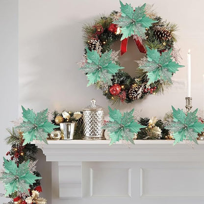 10'' Large Christmas Glitter Poinsettia Flowers Decorations, stadeco 10 Pcs Christmas Tree Picks Ornaments Artificial Flowers with Long Stems for Xmas Tree Wreath Garland Wedding Party DIY Decor